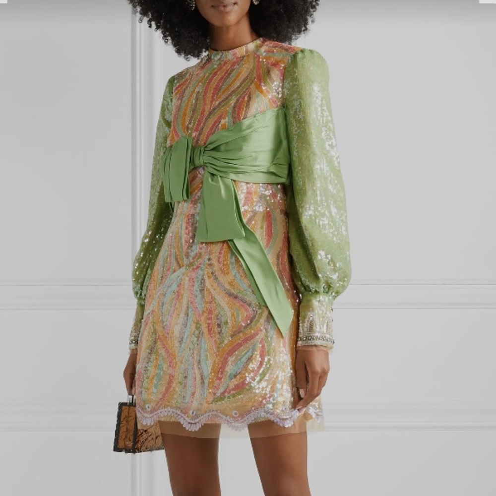 GUCCI Runway Psychedelic Multicolor Sequin Silk Bow Long Sleeve Mini Dress